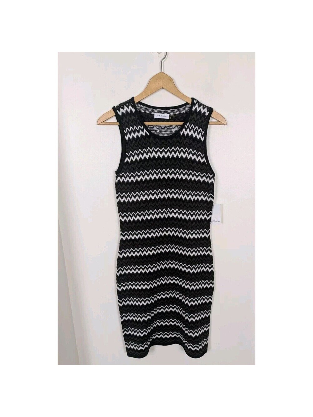 Calvin Klein New Sweater Dress Small S Green Black Chevron Sleeveless